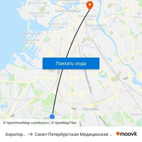 Аэропорт Пулково 1 to Санкт-Петербургская Медицинская академия последипломного образования map