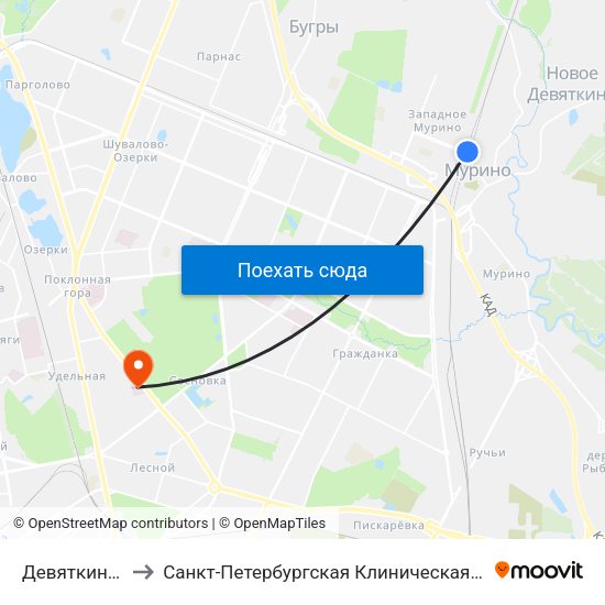 Девяткино (Devyatkino) to Санкт-Петербургская Клиническая больница Российской Академии Наук map