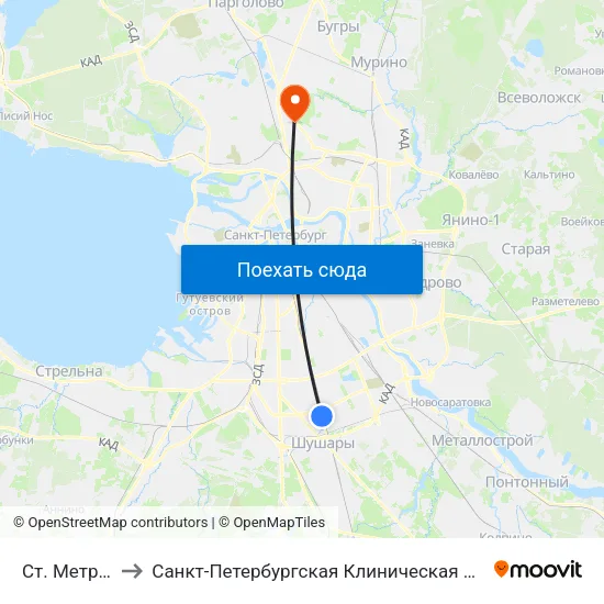 Ст. Метро "Купчино" to Санкт-Петербургская Клиническая больница Российской Академии Наук map