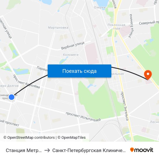 Станция Метро Комендантский Пр. to Санкт-Петербургская Клиническая больница Российской Академии Наук map
