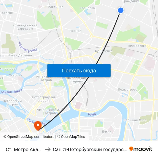 Ст. Метро Академическая to Санкт-Петербургский государственный университет map