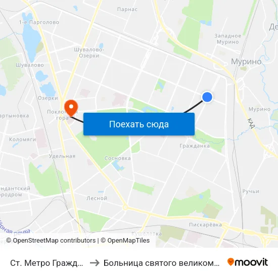 Ст. Метро Гражданский Пр. to Больница святого великомученика Георгия map
