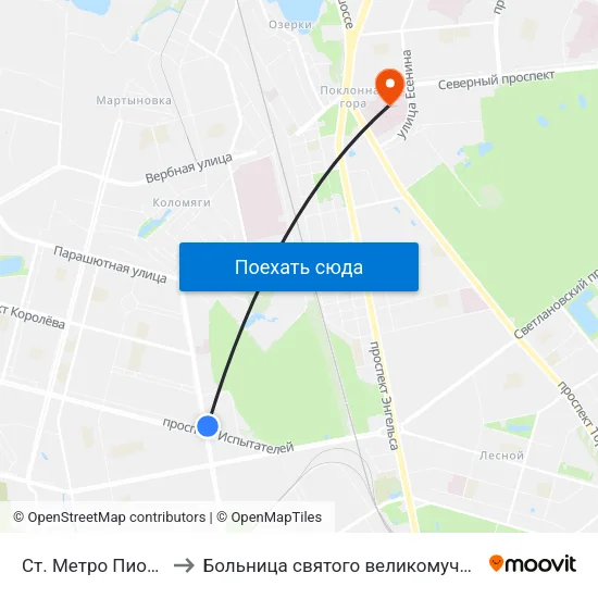 Ст. Метро Пионерская to Больница святого великомученика Георгия map