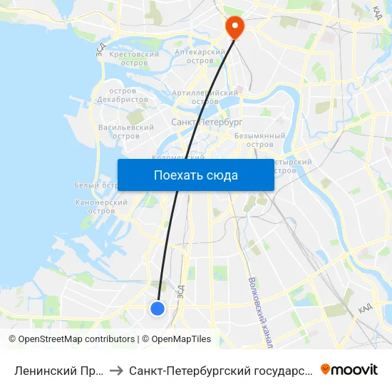 Ленинский Проспект (Leninsky Prospekt) to Санкт-Петербургский государственный педиатрический медицинский университет map