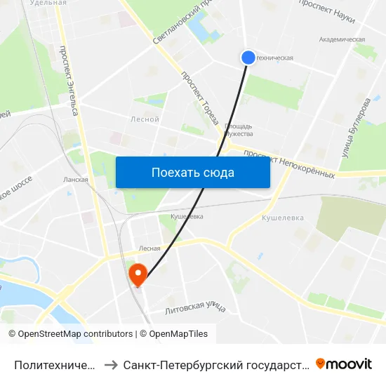 Политехническая (Politekhnicheskaya) to Санкт-Петербургский государственный педиатрический медицинский университет map