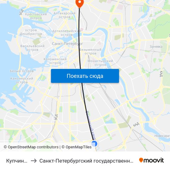 Купчино (Kupchino) to Санкт-Петербургский государственный педиатрический медицинский университет map