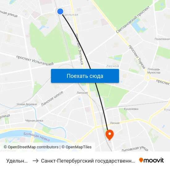 Удельная (Udel'Naya) to Санкт-Петербургский государственный педиатрический медицинский университет map