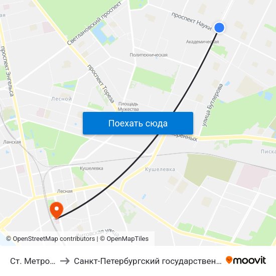 Ст. Метро Академическая to Санкт-Петербургский государственный педиатрический медицинский университет map