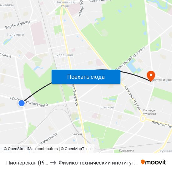 Пионерская (Pionerskaya) to Физико-технический институт имени А.Ф. Иоффе map