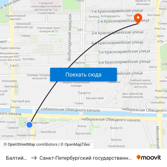 Балтийский Вокзал to Санкт-Петербургский государственный архитектурно-строительный университет map