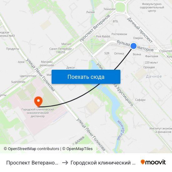 Проспект Ветеранов (Prospekt Veteranov) to Городской клинический онкологический диспансер map