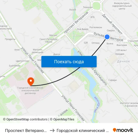 Проспект Ветеранов (Prospekt Veteranov) to Городской клинический онкологический диспансер map