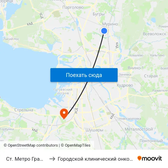 Ст. Метро Гражданский Пр. to Городской клинический онкологический диспансер map