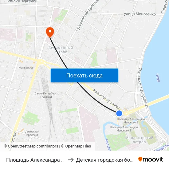 Площадь Александра Невского - 2 (Ploschad' Aleksandra Nevskogo - 2) to Детская городская больница №19 имени Карла Андреевича Раухфуса map