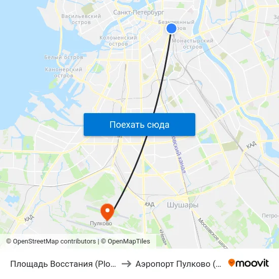 Площадь Восстания (Ploschad' Vosstaniya) to Аэропорт Пулково (Pulkovo Airport) map
