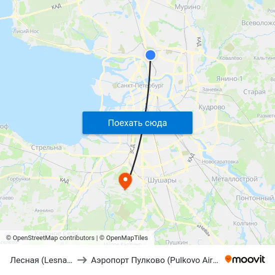 Лесная (Lesnaya) to Аэропорт Пулково (Pulkovo Airport) map