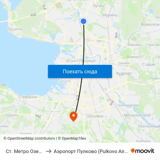 Ст. Метро Озерки to Аэропорт Пулково (Pulkovo Airport) map