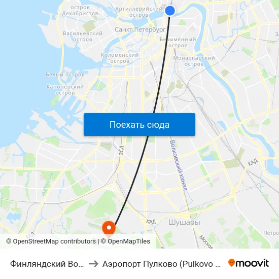 Финляндский Вокзал to Аэропорт Пулково (Pulkovo Airport) map