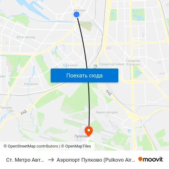 Ст. Метро Автово to Аэропорт Пулково (Pulkovo Airport) map
