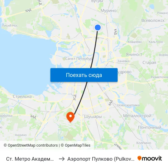 Ст. Метро Академическая to Аэропорт Пулково (Pulkovo Airport) map