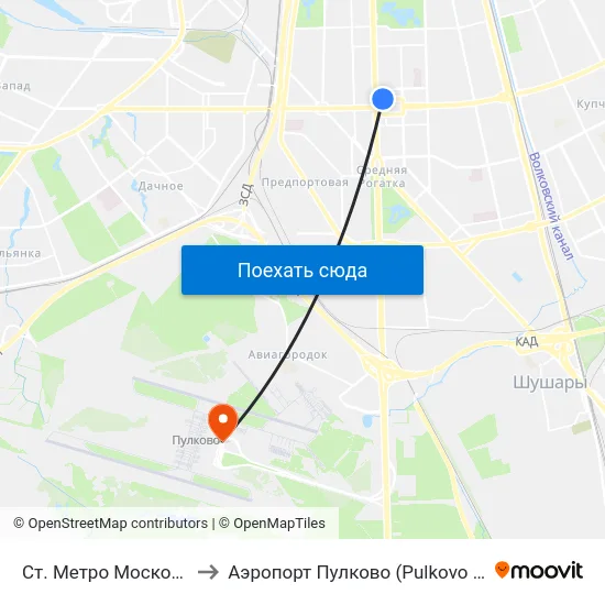 Ст. Метро Московская to Аэропорт Пулково (Pulkovo Airport) map