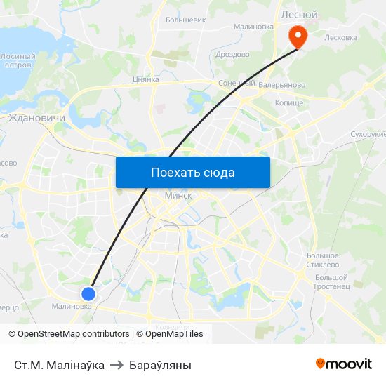 Ст.М. Малінаўка to Бараўляны map