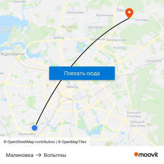 Малиновка to Вопытны map