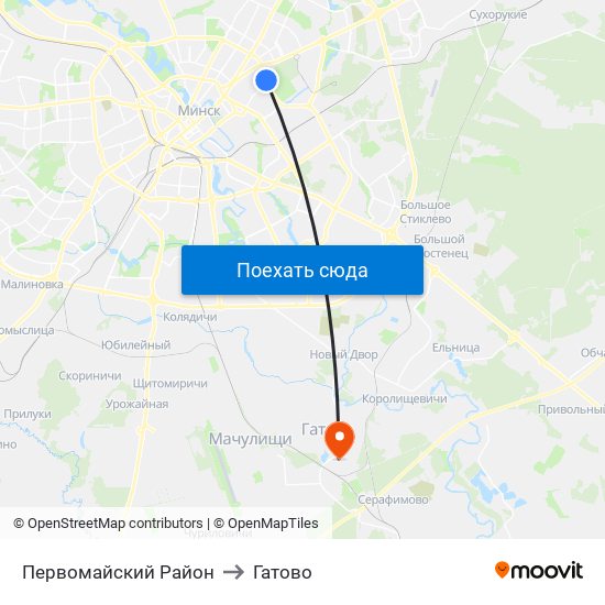 Первомайский Район to Гатово map