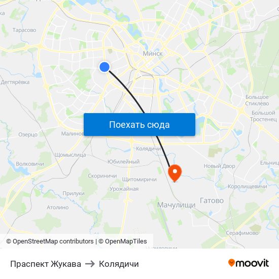 Праспект Жукава to Колядичи map