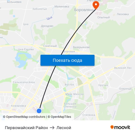 Первомайский Район to Лесной map
