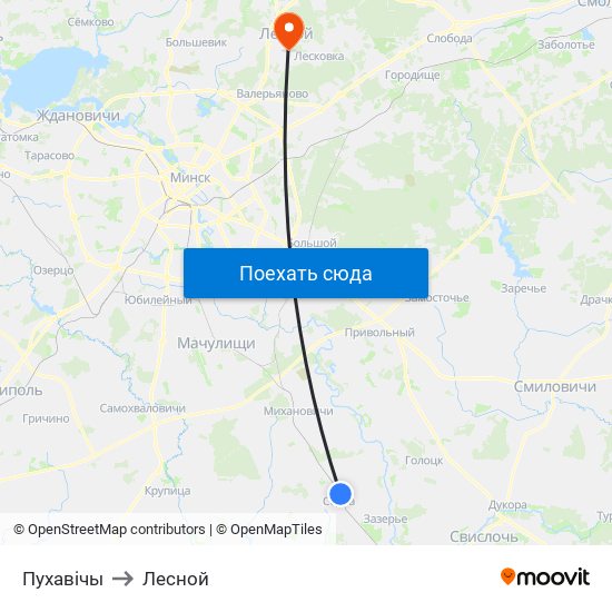 Пухавічы to Лесной map