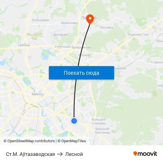 Ст.М. Аўтазаводская to Лесной map