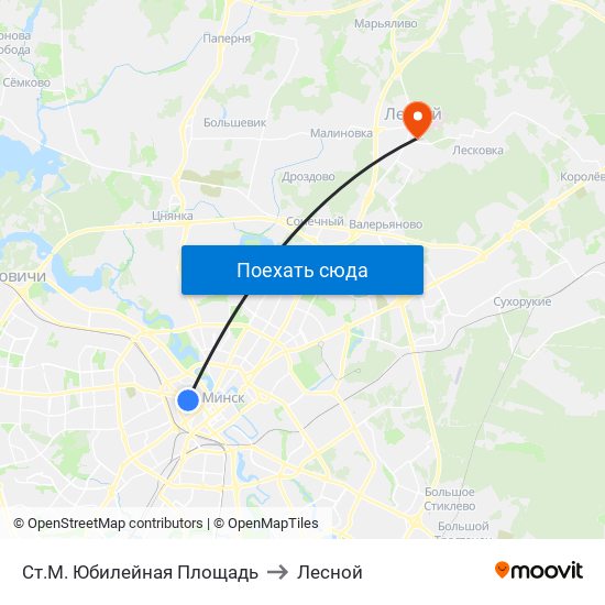 Ст.М. Юбилейная Площадь to Лесной map