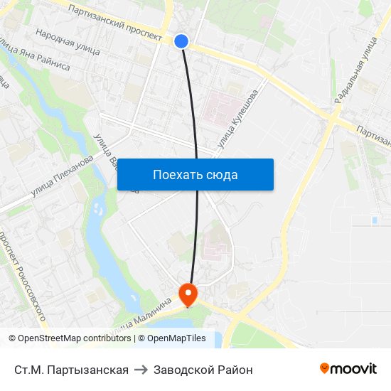 Ст.М. Партызанская to Заводской Район map