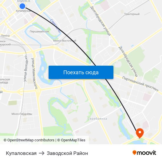 Купаловская to Заводской Район map