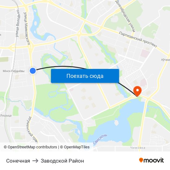 Сонечная to Заводской Район map