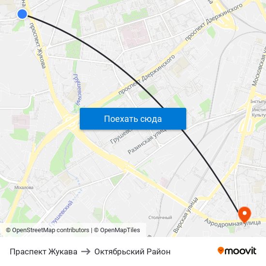 Праспект Жукава to Октябрьский Район map