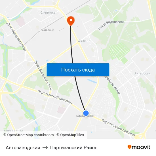 Автозаводская to Партизанский Район map