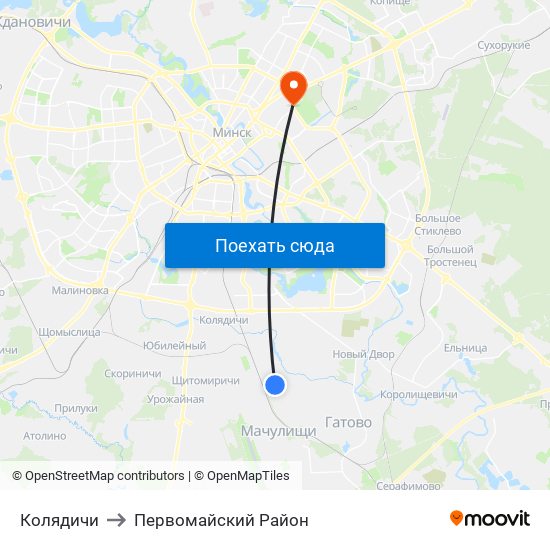 Колядичи to Первомайский Район map