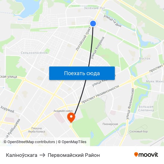 Каліноўскага to Первомайский Район map