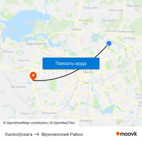 Каліноўскага to Фрунзенский Район map