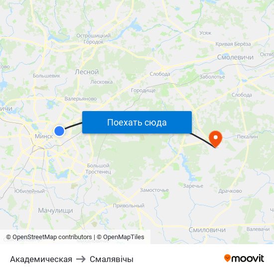 Академическая to Смалявічы map