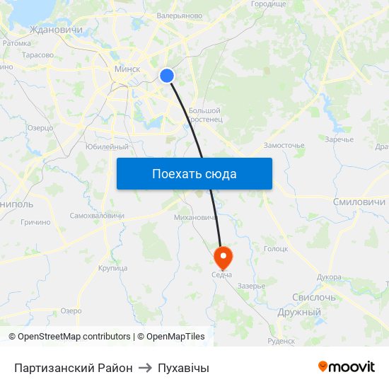 Партизанский Район to Пухавічы map