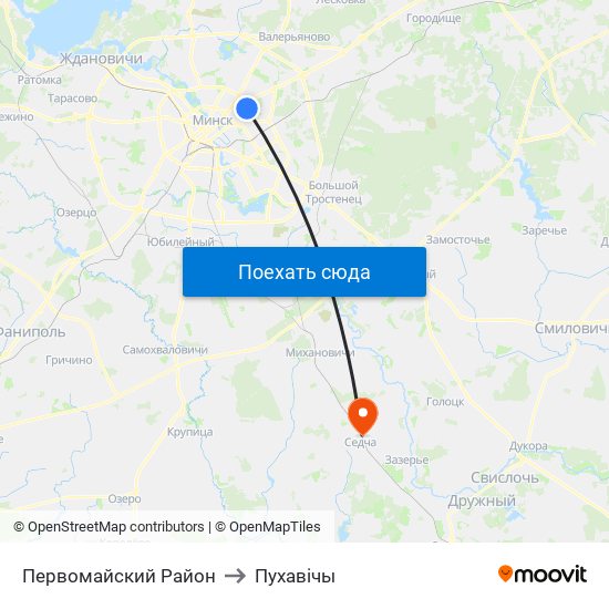 Первомайский Район to Пухавічы map