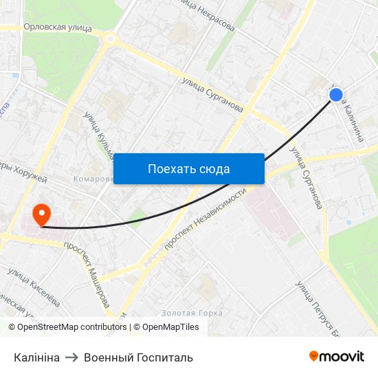 Калініна to Военный Госпиталь map