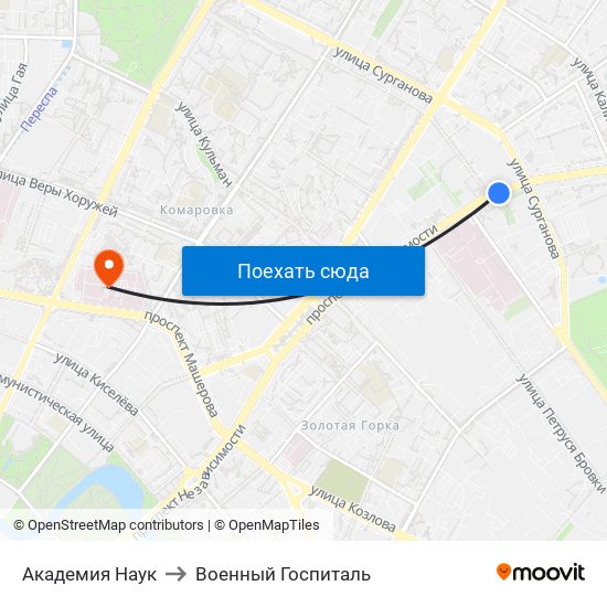 Академия Наук to Военный Госпиталь map