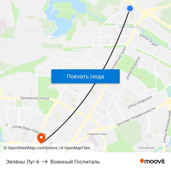 Зялёны Луг-6 to Военный Госпиталь map