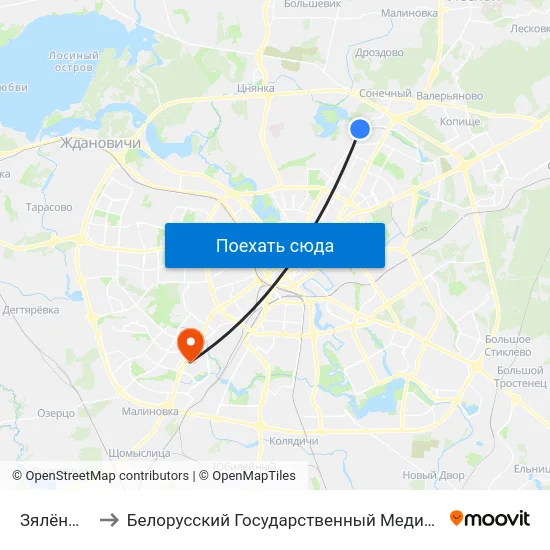Зялёны Луг-3 to Белорусский Государственный Медицинский Университет map