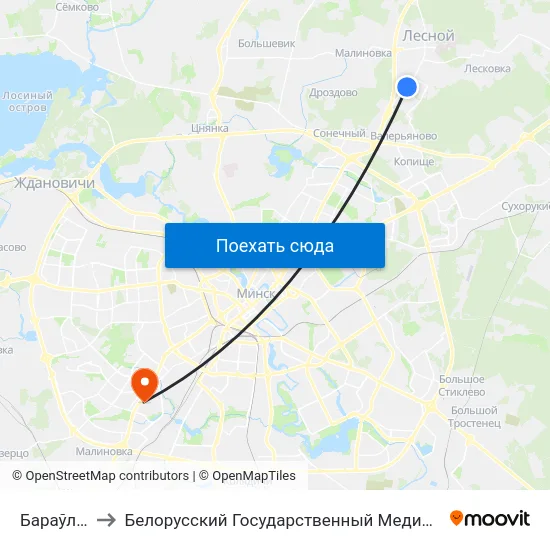 Бараўляны-6 to Белорусский Государственный Медицинский Университет map