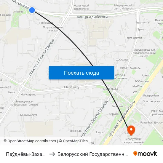 Паўднёвы-Захад-4 (Юго-Запад-4) to Белорусский Государственный Медицинский Университет map